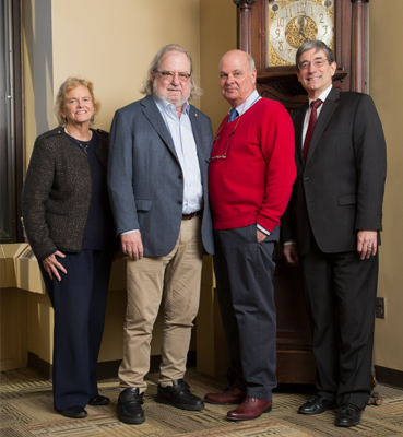 Pictured from left to right: Noreen Robertson, DMD (Associate Vice Dean for Research); Dr. James Allison (2018 Nobel Laureate and 2019 Benjamin Franklin Medal winner); Dr. Brad Jameson (Professor, Department of Biochemistry and Molecular Biology); and Kenny Simansky, PhD (Vice Dean for Research; Professor, Department of Pharmacology and Physiology)